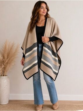 Nicole Miller Colorblock Poncho Sweater Neutral Cape Wrap One Size
